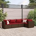 5-Piece Modular Garden Lounge Set Brown with Cinnamon Red Cushions, UV Resistant Poly Rattan Furniture for Outdoor Relaxation and Patio Seating Arrangement