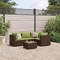 5 Piece Modular Patio Lounge Set with Adjustable Feet, Brown PE Rattan and Green Cushions, Weather-Resistant Outdoor Furniture for Garden, Durable Steel Frame with Removable