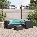5-Piece Modular Patio Lounge Set with Cushions, Black and Water Blue Outdoor Furniture, Weather-Resistant Design for Garden, Balcony, or Terrace, Spacious Seating for Seven,
