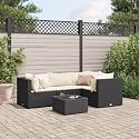 5 Piece Patio Lounge Set with Cushions Black Poly Rattan, Durable PE Wicker and Steel Frame, Modular Outdoor Furniture with Tempered Glass Tabletop for Garden Terrace