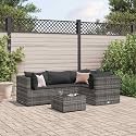 5-Piece Modular Patio Lounge Set with Adjustable Feet, Grey PE Rattan Outdoor Furniture, Weather-Resistant Garden Seating with Tempered Glass Tabletop and Comfortable