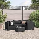 5-Piece Modular Patio Lounge Set Black with Tempered Glass Table and 7 Cushions, Poly Rattan Outdoor Furniture for Garden Balcony, Spacious Seating Comfortable Durable Easy