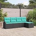 5-Piece Outdoor Sofa Set with Cushions in Black and Turquoise Poly Rattan, Modern Patio Furniture with Storage and Ergonomic Armrests for Garden Backyard