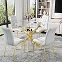 5 Piece Round Glass Dining Table Set, Round Tempered Glass Kitchen Tables Set for 4, Modern Table Set with 4 High-Back Upholstered Chairs for Kitchen Dining Room (Gold Legs, 4 White Chairs)