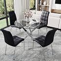 5 Piece Round Glass Dining Table Set, Round Tempered Glass Kitchen Table Set for 4, Modern Table Set with 4 High-Back Upholstered Chairs for Kitchen Dining Room (Silver Legs, 4 Black Chairs)