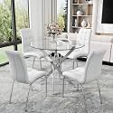 5 Piece Round Glass Dining Table Set, Round Tempered Glass Kitchen Table Set for 4, Modern Table Set with 4 High-Back Upholstered Chairs for Kitchen Dining Room (Silver Legs, 4 White Chairs)