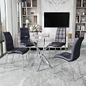 5 Piece Square Glass Dining Table Set, Round Tempered Glass Kitchen Table for 4, Modern Table with 4 High-Back Upholstered Chairs for Kitchen Dining Room (Silver Legs, 4 Black Chairs)