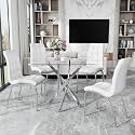 5 Piece Square Glass Dining Table Set, Round Tempered Glass Kitchen Table for 4, Modern Table with 4 High-Back Upholstered Chairs for Kitchen Dining Room (Silver Legs, 4 White Chairs)