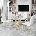 5 Piece Square Glass Dining Table Set, Round Tempered Glass Kitchen Table for 4, Modern Table with 4 High-Back Upholstered Chairs for Kitchen Dining Room (Gold Legs, 4 White Chairs)