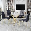 5 Piece Square Glass Dining Table Set, Round Tempered Glass Kitchen Table for 4, Modern Table with 4 High-Back Upholstered Chairs for Kitchen Dining Room (Gold Legs, 4 Black Chairs)