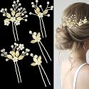 5 Pieces Bride Hair Pins Pearl Bridal Hair Piece for Women Sparkly Gold Leaf Crystal Hair Accessories for Bride Bridesmaids Flower Girls(Gold)