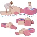 5-Piece Foam Climbing Blocks for Toddlers with Ball Pit,Pink & Beige