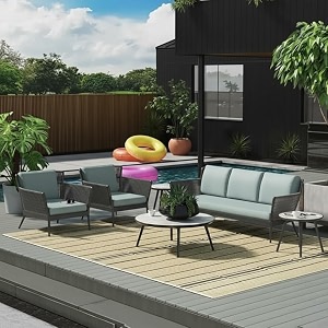 loccus 5-seater outdoorindoor rope sofa conversation set with cushions amp center table for garden balcony patio amp poolside blue