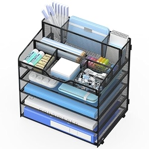 5 tier mesh paper desk organizer with pen holders black