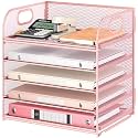 5 Tray Paper Organizer Letter Tray with Handle - Mesh Desk File Organizer, Paper Sorter Organizer for Office, Home or School File Folder Holder - Pink