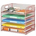 5 Tray Paper Organizer Letter Tray with Handle - Mesh Desk File Organizer, Paper Sorter Organizer for Office, Home or School File Folder Holder - Rose Gold