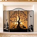50" x 36" 3-Panel Fireplace Screen, Tree Pattern Fire Guard, Rustic