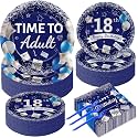 50 Guests 18th Birthday Party Supplies Decoration 18 Years Old Birthday Plates and Napkins Forks Time To Adult Tableware Blue Silver Happy 18th Birthday Party Paper Plates for Boys Girls Party 200PCS
