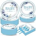 50 Guests Baby In Bloom Baby Shower Decoration Blue Flower Paper Plates Napkins Forks Spring Floral Theme Party Tableware Disposable Party Supplies Favor Plates For Boy Girl Birthday 200PCS