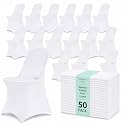 50 Pack White Spandex Folding Chair Covers, Stretch Polyester Slipcovers for Wedding, Party &amp; Dining Chairs – Flat Front Design, Universal Fit