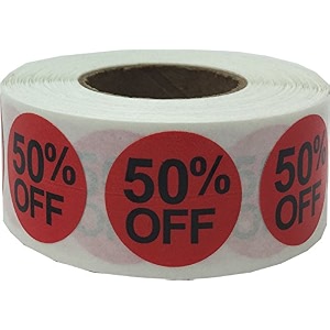50 percent off stickers - red and black 3434 75 round self adhesive labels - 500 per roll