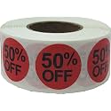 50% Percent Off Stickers - Red and Black 3/4" .75 Round Self Adhesive Labels - 500 Per Roll