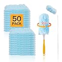50PCS 360° Duster Refill for Swiffer Duster, Heavy Duty Refills Disposable Microfiber Duster Feather Duster Kit with1 Short Handle and 1 Extenda Handle