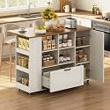 51" Rolling Foldable Kitchen Island with Stroge &amp; Power Outlet, Mobile Island Cart on Wheels with Wood Drop Leaf,Farmhouse Portable Island Cart with Cabinet &amp; Spice Rack, Rustic White