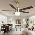 52 Inch Ceiling Fan with Light and Remote, Indoor &amp; Outdoor Brushed Gold Ceiling Fan for Living Room Garage, Quiet DC Motor, Timer, 6 Speeds