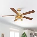 52 Inch Vintage Gold Ceiling Fans with Lights and Remote, 5 Dual Finish Blades, Quiet Reversible Motor, Farmhouse Ceiling Fan Light for Living Room &amp; Bedroom