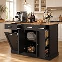 53 Inch Kitchen Island with Trash Can Storage, Rolling Island Table, Black