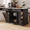53 Inch Kitchen Island with Trash Can Storage, Rolling Island Table, Black
