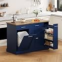 53 Inch Kitchen Island with Trash Can Storage, Rolling Island Table, Blue