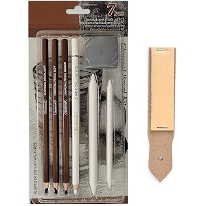 black amp white charcoal pencil kit with blending stumps and kneadable eraser and sandpaper for artists students sketching kit