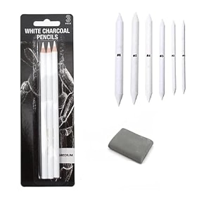 shading kit with white charcoal pencils 3  paper stumpsblenders 6 kneadable eraser 1 for sketching and shading on blackdark coloured paper