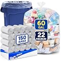 PLASTIC PRINCE 55-60 Gallon Trash Bags, Clear Trash Bags 38"W × 60"L, 22 Micron Clear Garbage Bags, 55-60 Gal High-Density Garbage Can Liners, Fits Square and Round Trash Cans, Pack of 150