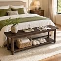 55-Inch Entryway Bench, 2-Tier Solid Wood Shoe Bench with Open Shelf, Farmhouse Narrow Seat for Hallway, Foyer, Mudroom, Bedroom, Walnut