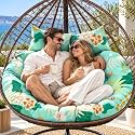55 x 35 Inch Double Egg Chair Cushion Replacement, Thickened Waterproof Hanging Swing Chair Cushion with Pillows for Outdoor Patio, Purple Floral Leaf (Cyan Floral Leaf)