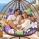 55 x 35 Inch Double Egg Chair Cushion Replacement, Thickened Waterproof Hanging Swing Chair Cushion with Pillows for Outdoor Patio, Purple Floral Leaf (Purple Floral Leaf)