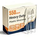550 Count Plastic Silverware Heavy Duty, 200 Forks, 200 Spoons, 150 Knives