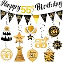 55th Birthday Decorations Men Set - Happy 55 Birthday Banner Triangle Flag Hanging Swirls Streamers for Women Men Party Decorations Supplies, Black and Gold