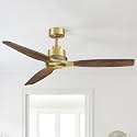 56 Inch Brass Gold Ceiling Fan No Light &amp; Remote, 3 Wood Blades