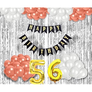 56th birthday decoration items for girls with rose gold and white balloons black happy birthday banner silver foil curtain foil balloon number 56