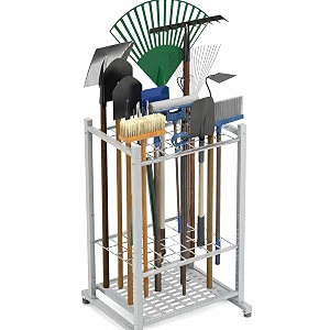 58575 garden toolbroommop organizer yard tower rack for garage organization and storage toolsrakesbrooms heavy duty steel garden tool stand for shed outdoor grey