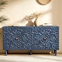 59" Buffet Cabinet with Storage, Floral Embossed Sideboard (Midnight Blue)