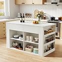 59" Kitchen Island with Storage &amp; Seating for 2, Modern Stationary Kitchen Island with Faux Marble Top, 2 Drawers, Open Shelves &amp; 5 Hooks, Counter Height Prep Table for Dining &amp; Kitchen (White)