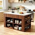 59" Kitchen Island with Storage & Seating for 2, Modern Stationary Kitchen Island with Faux Marble Top, 2 Drawers, Open Shelves & 5 Hooks, Counter Height Prep Table for Dining & Kitchen (Walnut)