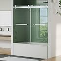 Frameless Double Sliding Shower Door - 56 to 60 Inch Adjustable Width x 59 Inch Height, 1/4" (6mm) Clear Tempered Glass with Easy-Clean, Space-Saving Bypass Design, Brushed Nickel Finish for Bathroom