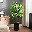 5ft Ficus Artificial Tree with 3 Natural Curved Trunks, 60" Tall Lush Faux Tree for Home Decor Indoor, Green Lifelike Fake Ficus Tree with Black Planter Pot