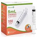 5ml Syringe Without Needle Luer Lock 100 Pack by Tilcare - Sterile Plastic Medicine Droppers for Children, Pets or Adults – Latex-Free Oral Medication Dispenser - Syringes for Glue and Epoxy